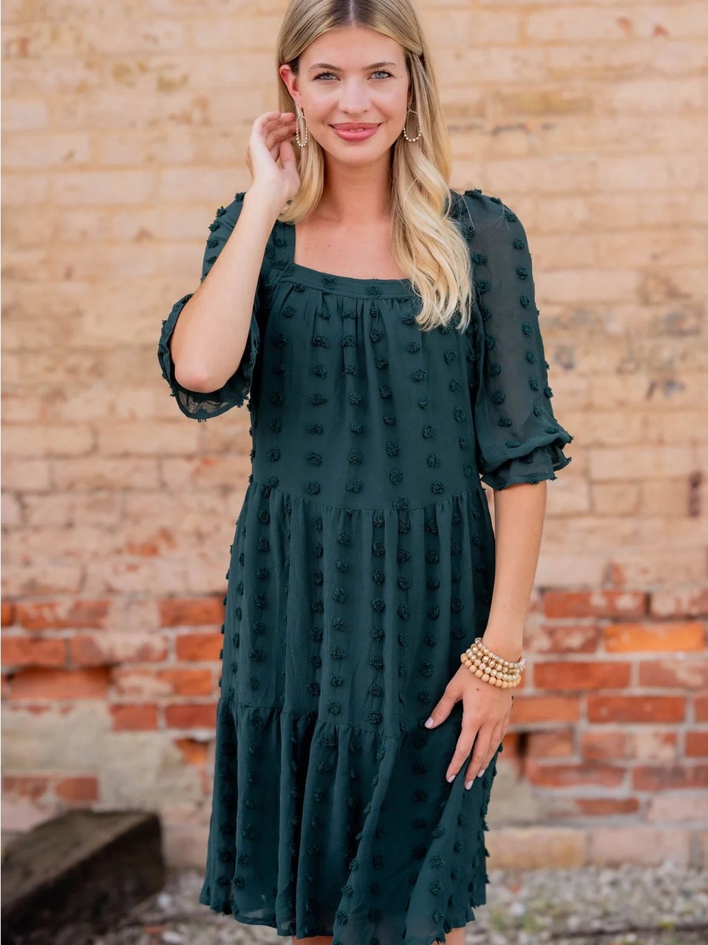 Square Neck Dark Green Tiered Midi Dress